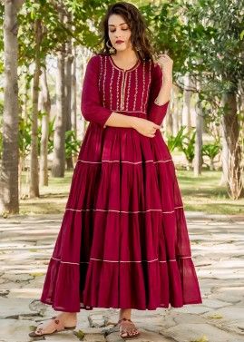 Readymade Maroon Embroidered Multi Tiered Dress