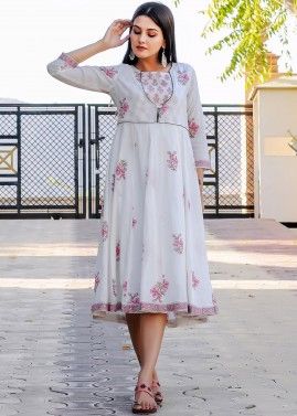 White Floral Hand Block Printed Flared Dress