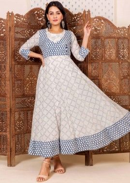 Off White Hand Block Printed Indo Western Dress