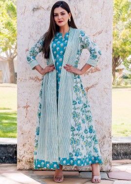 Blue Floral Hand Block Printed Dress With Jacket