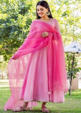Pink Embellished Readymade Kurta With Dupatta
