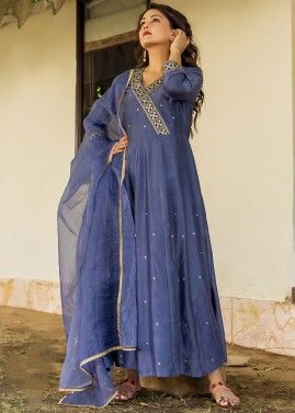 Blue Embellished Angrakha Kurta With Dupatta