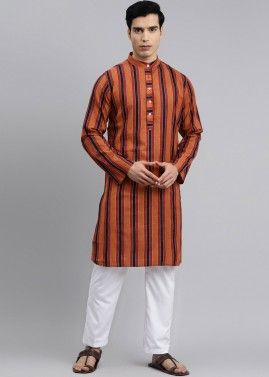 Orange Striped Kurta Pajama Set In Cotton