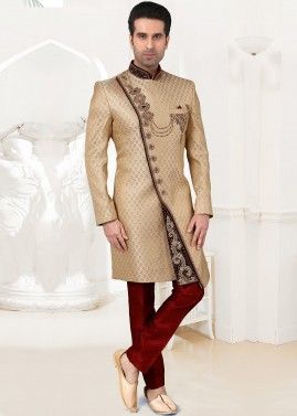 Golden Asymmetric Readymade Sherwani With Plain Pajama