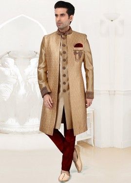 Golden Jacket Style Readymade Sherwani In Silk