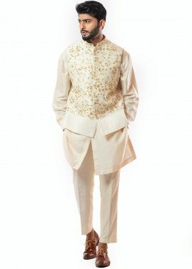 Cream Readymade Kurta Pajama With Floral Nehru Jacket 