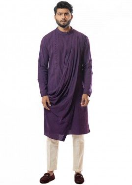 Purple Readymade Kurta Pajama In Asymmetric Style