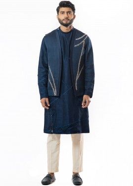 Blue Kurta Pajama With Readymade Nehru Jacket 