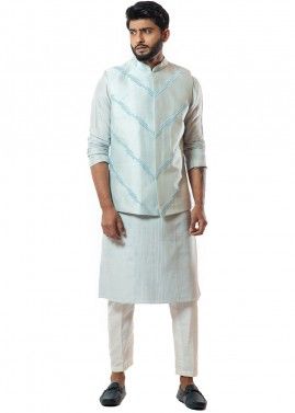 Straight Blue Readymade Kurta With Nehru Jacket 