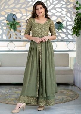 Green Readymade Embroidered Dress With Front Slit