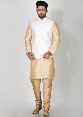 Readymade White Nehru Jacket In Dupion Silk