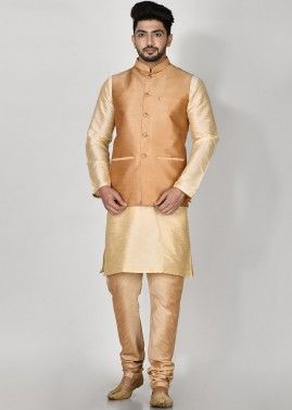 Beige Dupion Silk Nehru Jacket For Mens