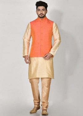 Orange Readymade Mens Plain Nehru Jacket