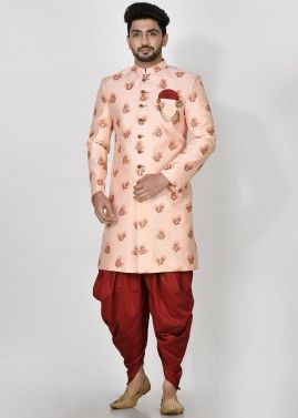 Pink Embroidered Indo Western Sherwani With Dhoti