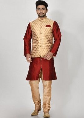 Readymade Red Kurta Pajama With Printed Nehru Jacket