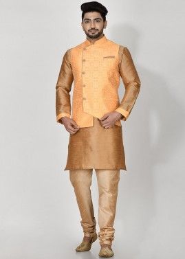 Beige Jacquard Kurta Pajama With Printed Nehru Jacket