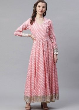 Pink Angrakha Style Readymade Kurta In Cotton