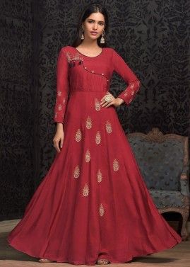 Red Embroidered Readymade Ankle Length Dress