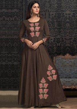 Brown Embroidered Readymade Dress