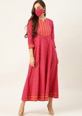Readymade Printed Anarkali Cotton Kurti In Pink