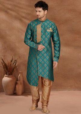 Asymmetric Style Indo Western Sherwani In Turquoise