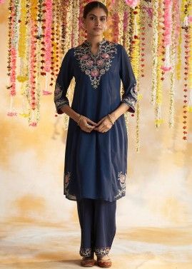 Blue Readymade Embroidered Kurt In Georgette