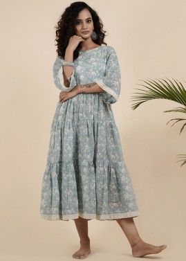 Blue Floral Printed Tiered Readymade Dress