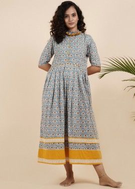 Readymade Blue Floral Indo Western Cotton Dress