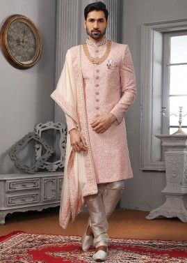 Pink Embroidered Art Silk Readymade Sherwani