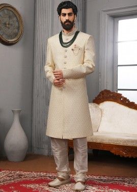 White Sequins Embroidered Readymade Sherwani In Silk