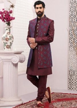 Purple Woven Readymade Silk Sherwani Set
