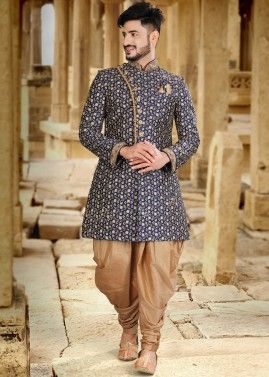 Blue Embroidered Readymade Mens Sherwani With Dhoti