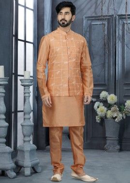 Readymade Orange Silk Kurta Pyjama With Jacket