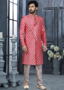 Pink Digital Printed Readymade Sherwani For Men