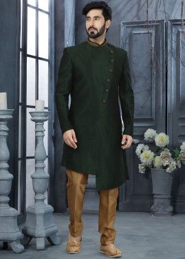 Green Asymmetric Readymade Mens Silk Sherwani