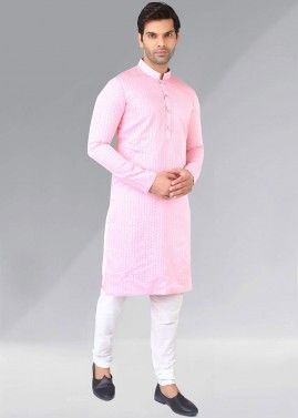 Readymade Pink Silk Embroidered Mens Kurta Churidaar