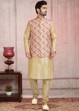 Golden Kurta Pajama Set With Floral Printed Nehru Jacket