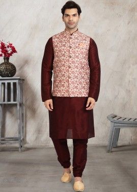 Readymade Maroon Kurta Pajama With Printed Nehru Jacket