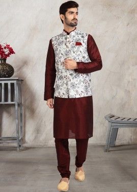 Maroon Mens Kurta Pajama With Floral Printed Jacket