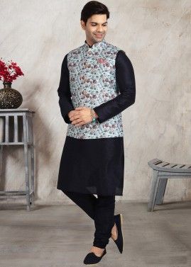 Readymade Black Kurta Churidar With Floral Printed Jacket