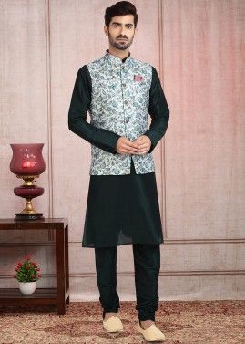Readymade Mens Kurta Pajama With Nehru Jacket In Green