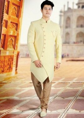 Yellow Embroidered Indo Western Sherwani In Asymmetric Style