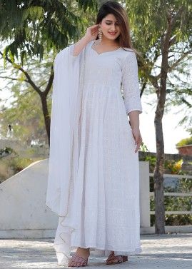 White Embroidered Anarkali Style Kurta With Dupatta