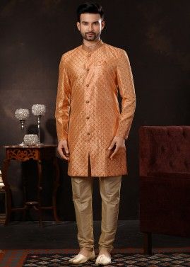 Orange Zari Embroidered Readymade Mens Sherwani