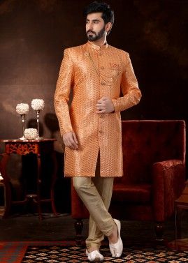 Readymade Orange Mens Indo Western Silk Sherwani