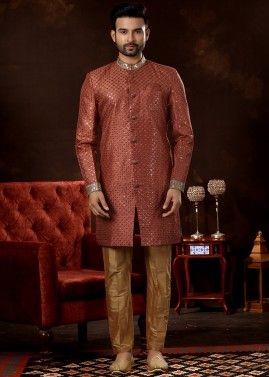 Readymade Red Mens Embroidered Indo Western Sherwani