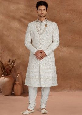 Readymade White Chikankari Silk Sherwani For Men