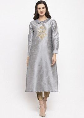 Readymade Grey Dupion Silk Embroidered Long Kurta