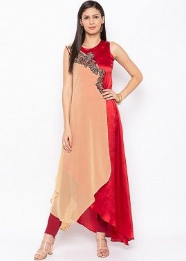 Red And Beige Embroidered Readymade Kurti