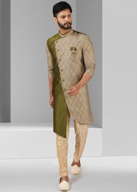 Green Printed Asymmetric Readymade Sherwani Set